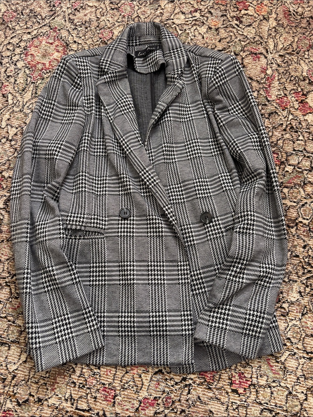 Love Tree Black & White Glen Plaid Double-Breasted Pea Coat